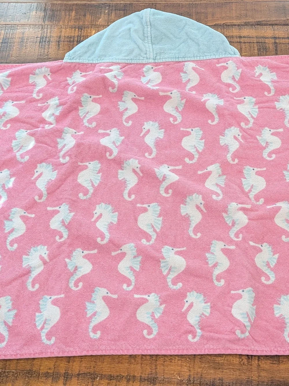Pottery Barn Kids Infant Pink Hooded Towel with Light Blue Seahorse Print, Hood